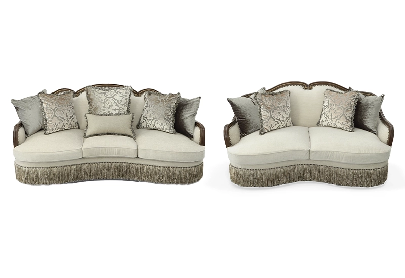 Carlotta Parchment Beige Traditional Glam Living Room Set Includes Sofa and Loveseat with Accent Pillows
