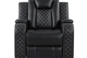 Cleo Black Vegan Leather Power Recliner with Storage Arms and USB Ports