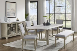 Carena Modern Rustic 6 PC Dining Set with 78" Rectangular White Marble Top Table, 4 Chairs and Gray Backless Bench