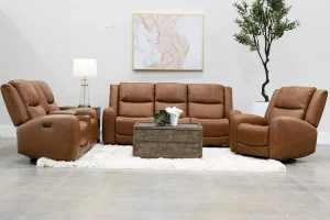 Pauline Butternut Brown Leather Power Headrest Reclining Living Room Set Includes Sofa and Loveseat