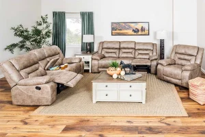 Trailride Mocha Reclining Living Room Set Includes Sofa and Loveseat with Storage Console